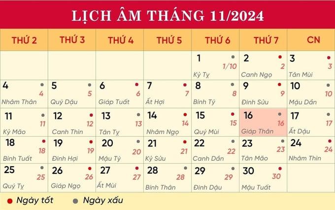 Lịch âm 16/11, xem âm lịch hôm nay Thứ 7 ngày 16/11/2024 đầy đủ nhất