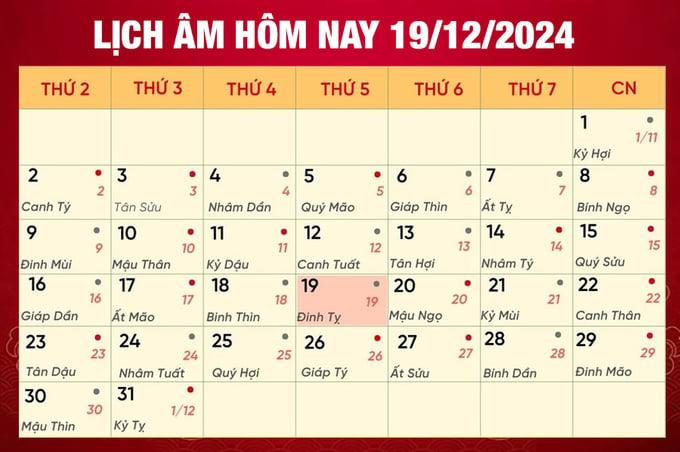 Lịch âm 19/12, xem âm lịch hôm nay Thứ 5 ngày 19/12/2024 đầy đủ nhất