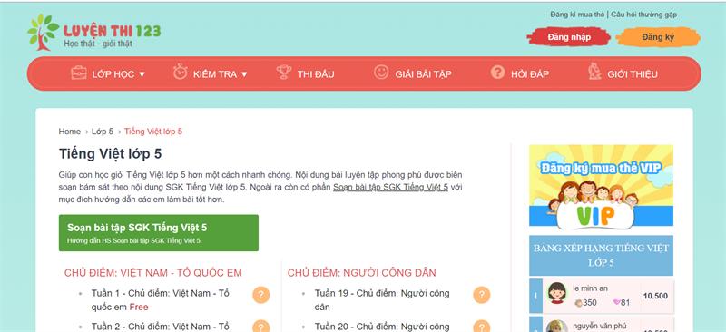 luyenthi123.com - Học Tiếng Việt lớp 5 online miễn phí
