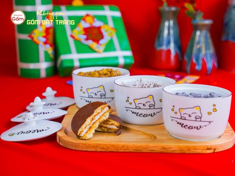 Bộ 3 Hũ Đựng Bánh Kẹo Mứt Tết Vẽ Mèo + Khay Gỗ