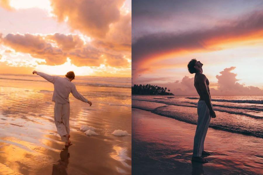 Tạo dáng chụp ảnh với bóng lưng hoàng hôn trên biển