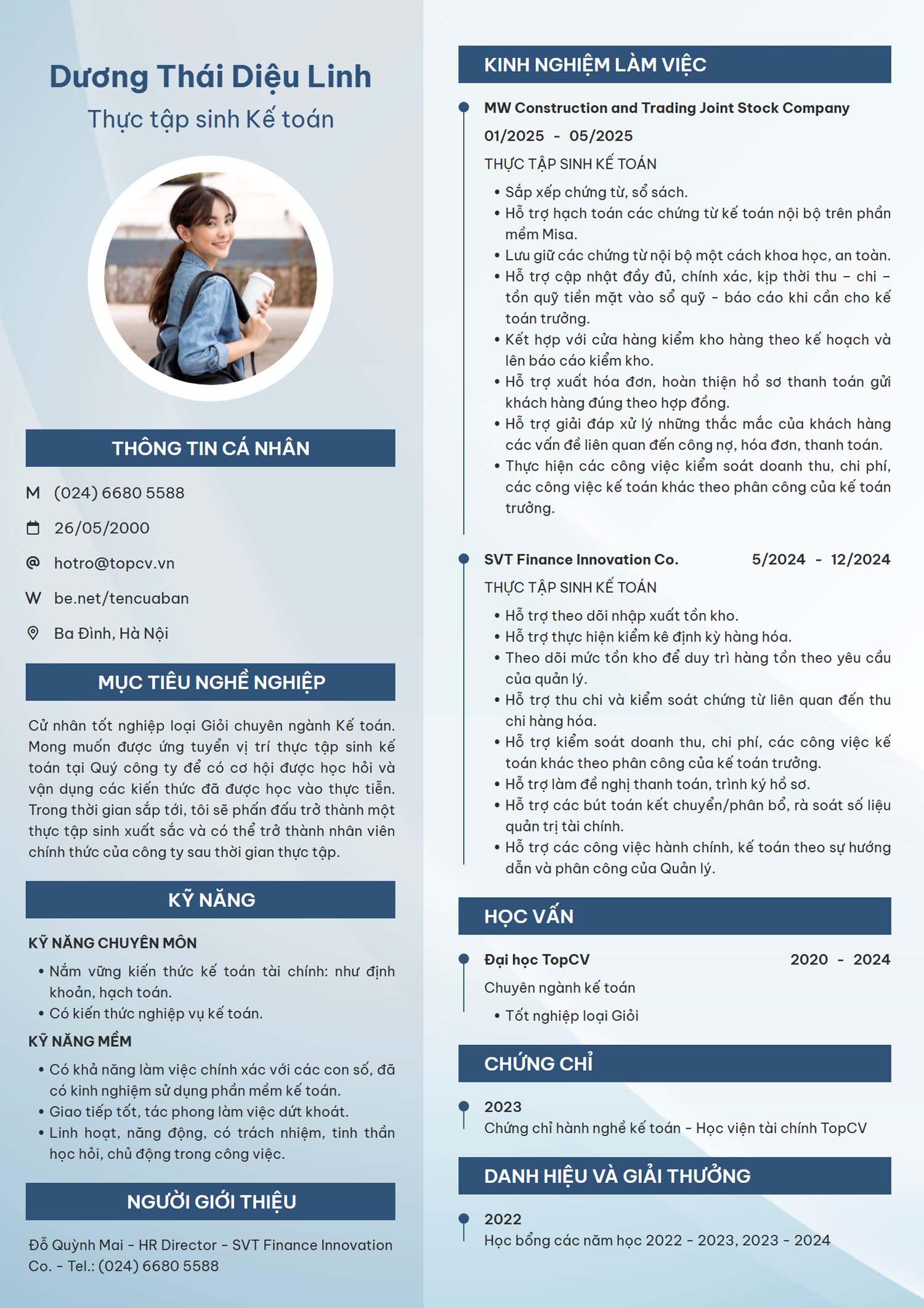 mau cv thuc tap sinh ke toan