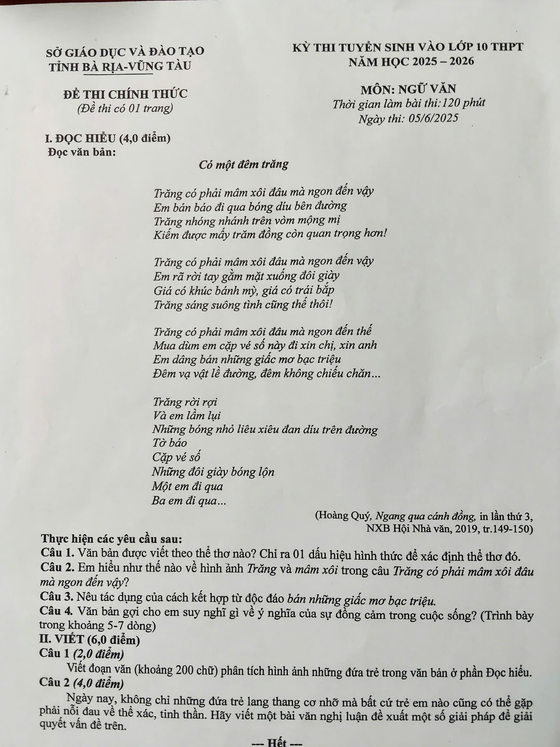Đề thi môn Ngữ văn kỳ thi tuyển sinh lớp 10 năm họ 2025-2026.