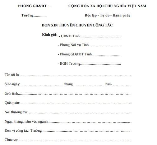 Mẫu đơn xin thuyên chuyển công tác của giáo viên