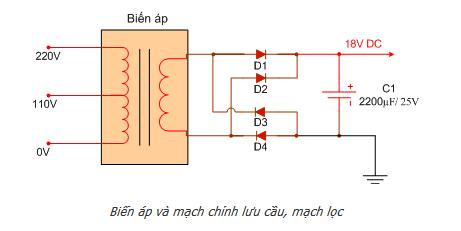 Biến áp và mạch chỉnh lưu cầu, mạch lọc