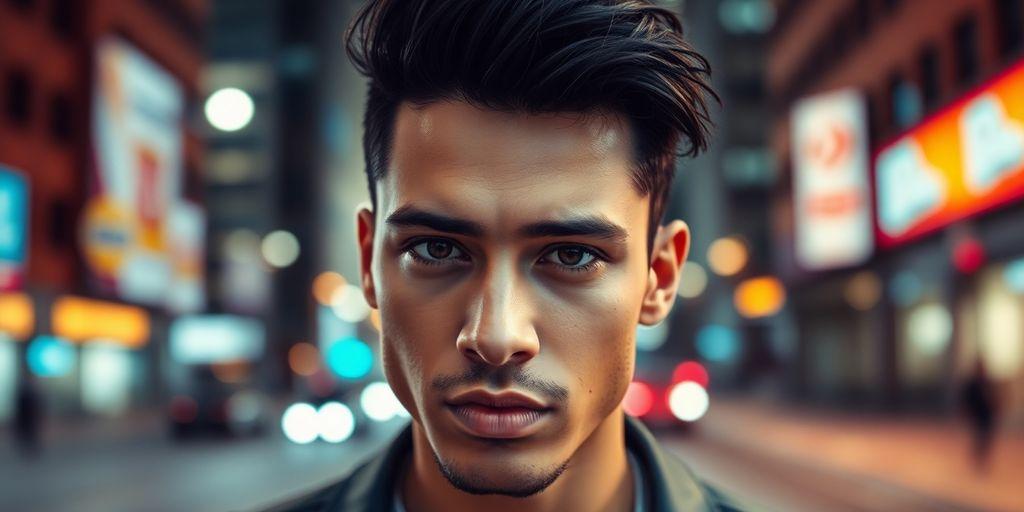 Confident individual in stylish attire against a blurred city background.