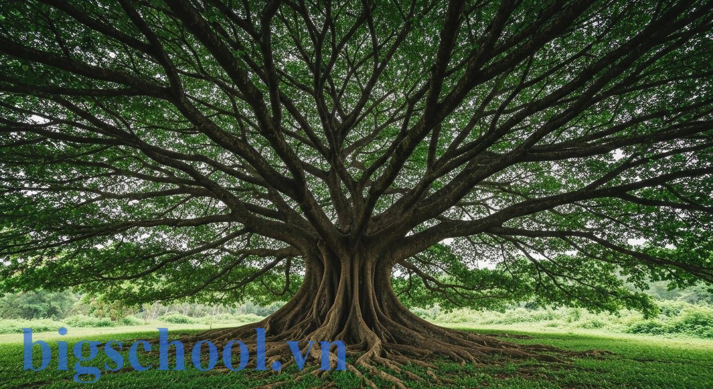 Một gốc cây cổ thụ vững chắc với rễ bám sâu vào lòng đất, tượng trưng cho sự bền vững và kiên cố của ngôn ngữ chuẩn mực.