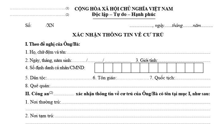 Mẫu giấy xác nhận nơi cư trú