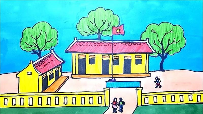 Ngôi trường thân yêu với hàng cây xanh mát và lá cờ đỏ sao vàng tung bay