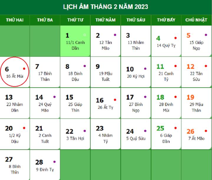 Lịch âm 6/2 - Tra cứu lịch âm hôm nay thứ 2 ngày 6/2/2023 - 1