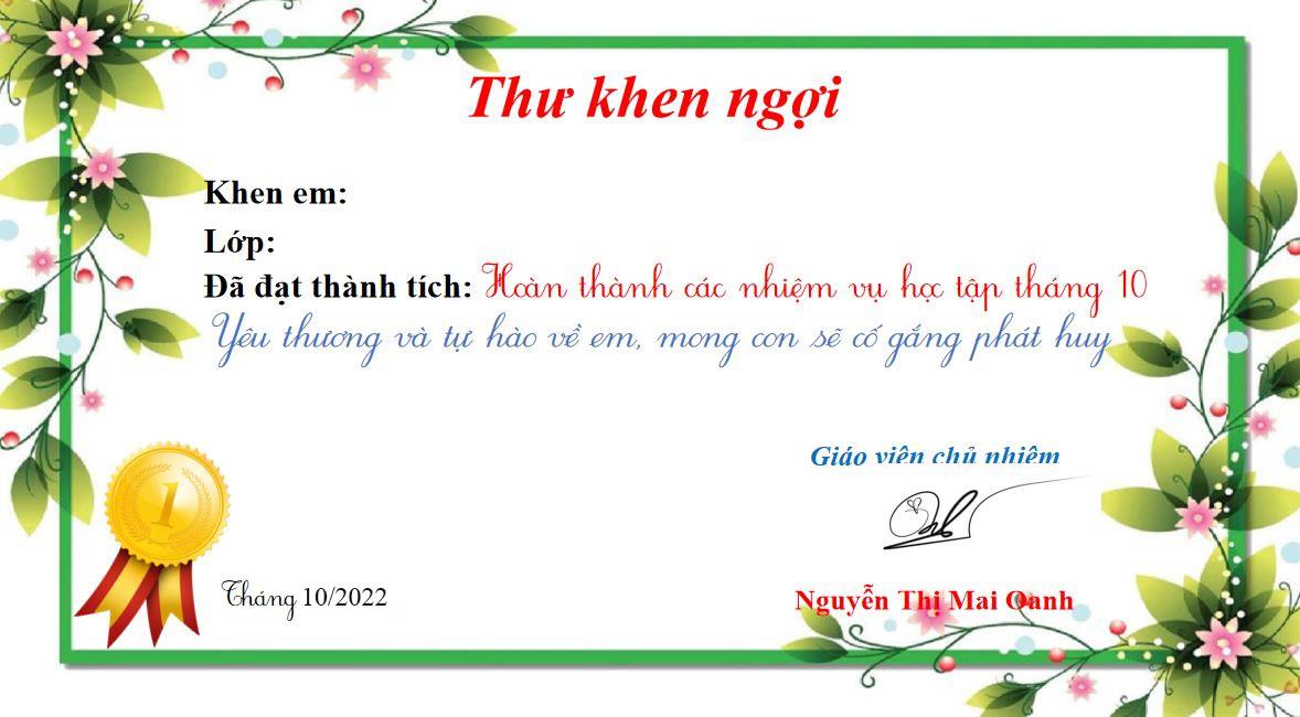 Tải mẫu thư khen học sinh tiểu học