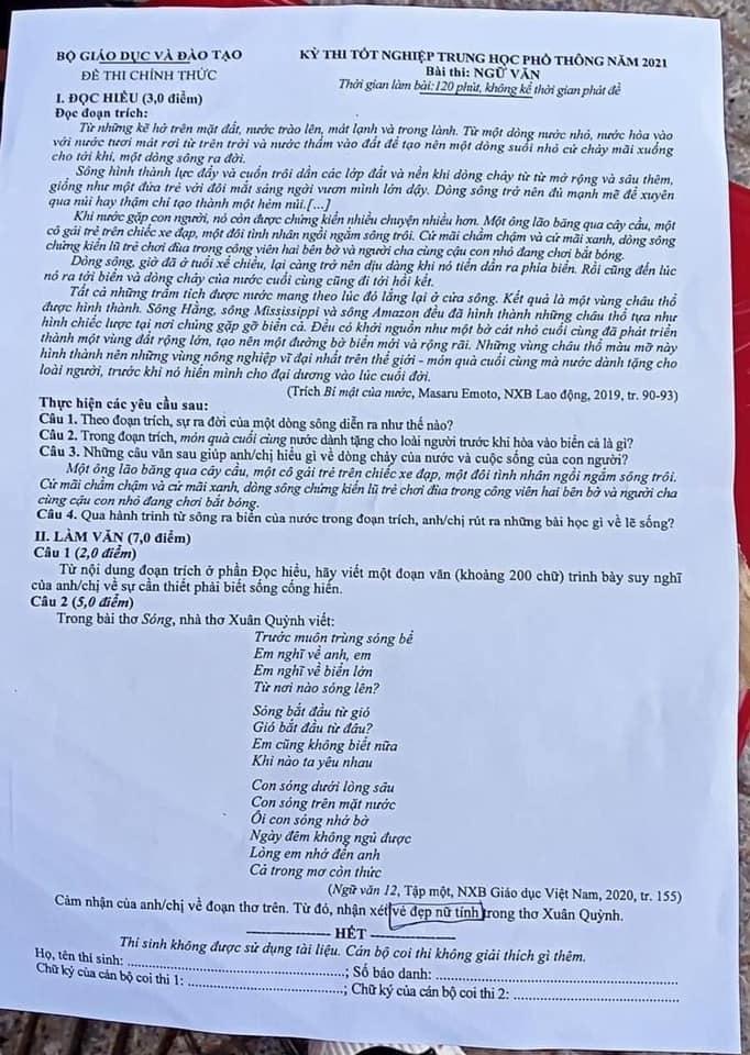 Đề thi chính thức môn Văn THPT Quốc gia 2021