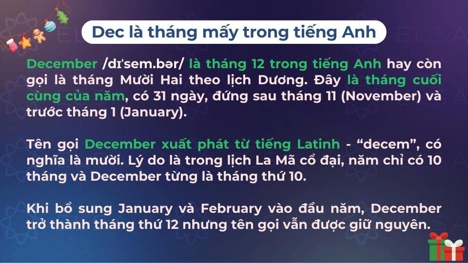 December là tháng 12 trong tiếng Anh và có nguồn gốc từ tiếng Latinh