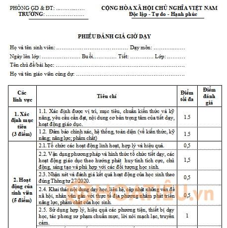 Phiếu đánh giá tiết dạy cấp tiểu học