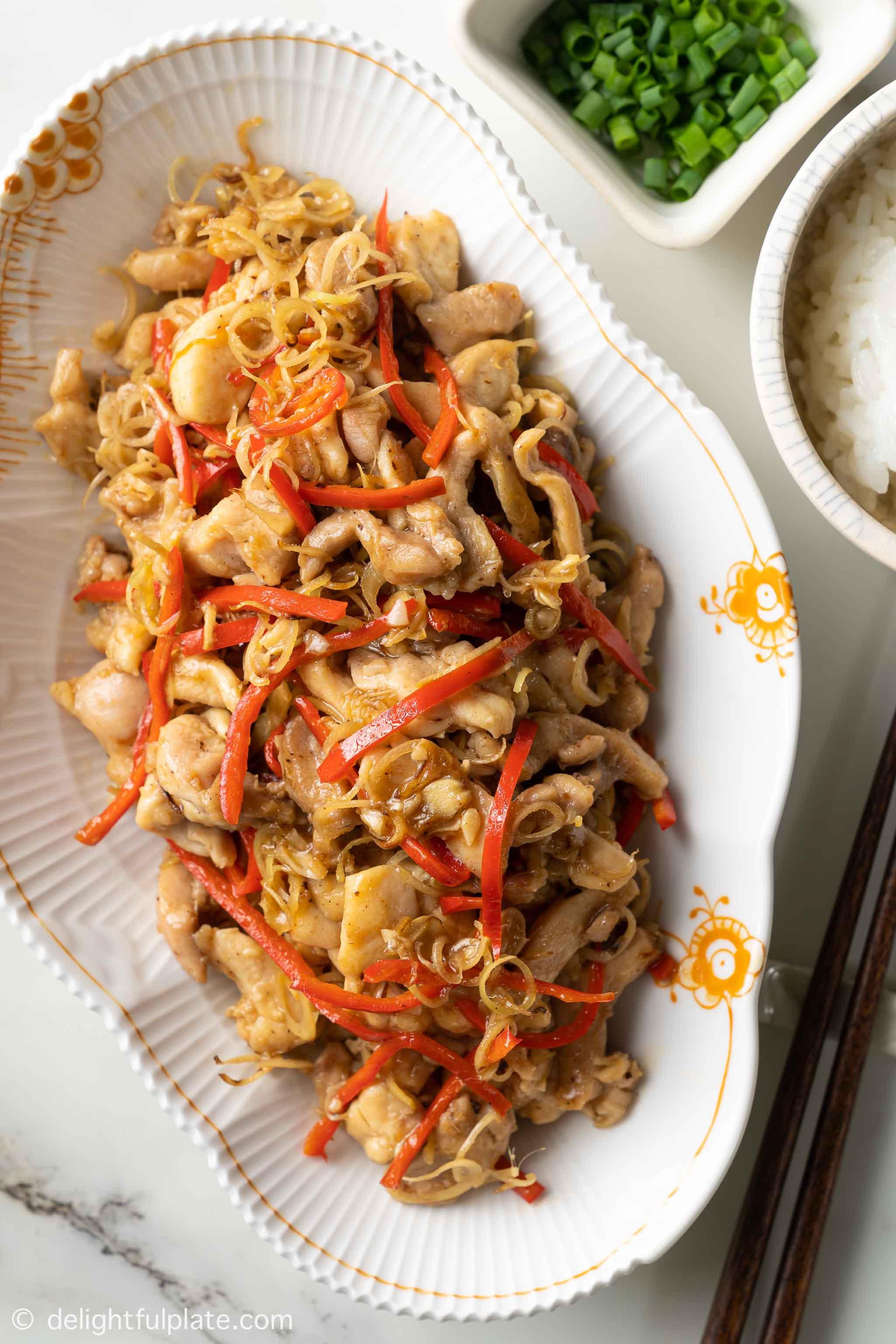 a plate of Vietnamese lemongrass chicken stir-fry
