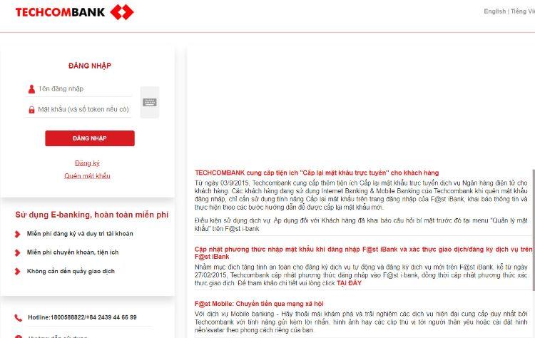Đăng nhập Internet Banking của Techcombank để thực hiện giao dịch khóa thẻ online