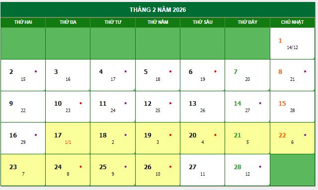 lịch dương tháng 2