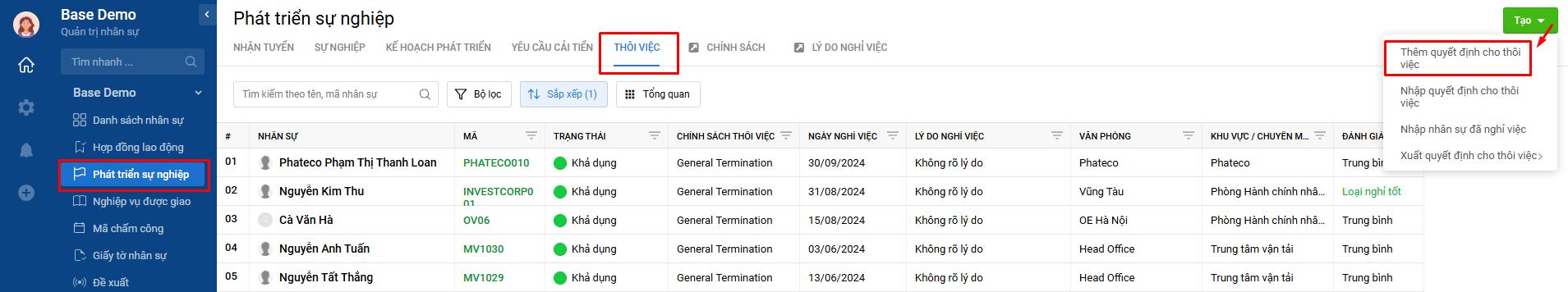 Base HRM - Phát triển sự nghiệp: Tạo quyết định nghỉ việc cho nhân sự : Base.vn