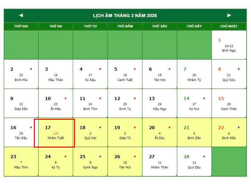 tết 2026 vào ngày nào