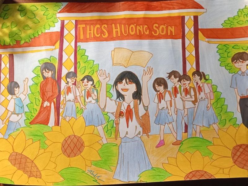 ảnh vẽ tranh thầy cô và mái trường dễ thương