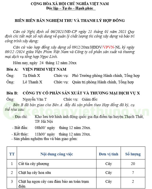 biên bản nghiệm thu công trình và thanh lý hợp đồng