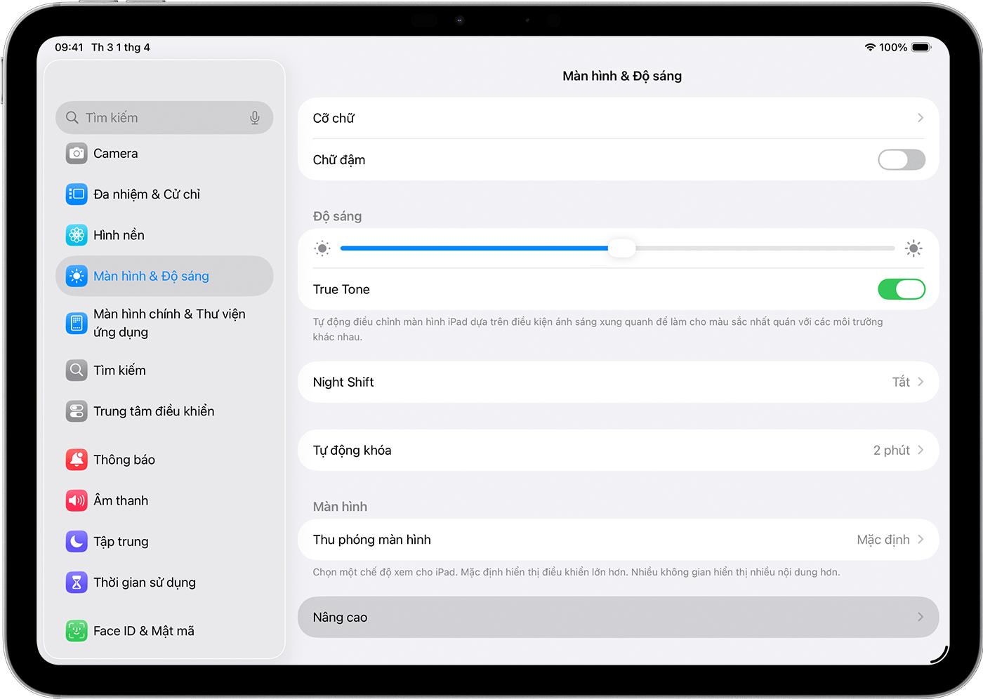 iPad hiển thị cài đặt Màn hình & Độ sáng.