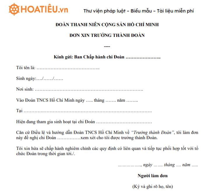 Biểu mẫu đơn xin trưởng thành Đoàn