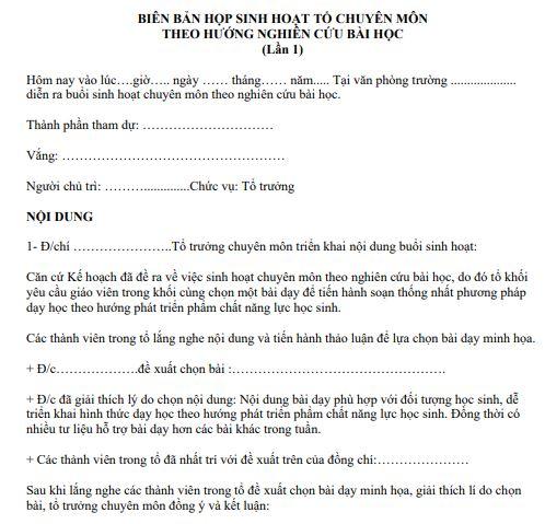 Biên bản sinh hoạt chuyên môn theo nghiên cứu bài học