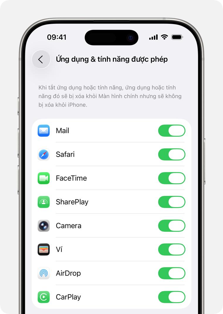 Màn hình iPhone hiển thị các Ứng dụng được phép mà bạn có thể quản lý.