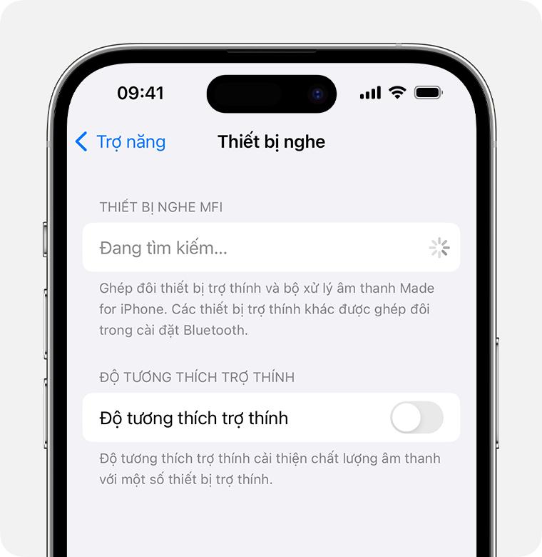 Phần cài đặt Thiết bị nghe khi đang tìm kiếm thiết bị nghe MFi