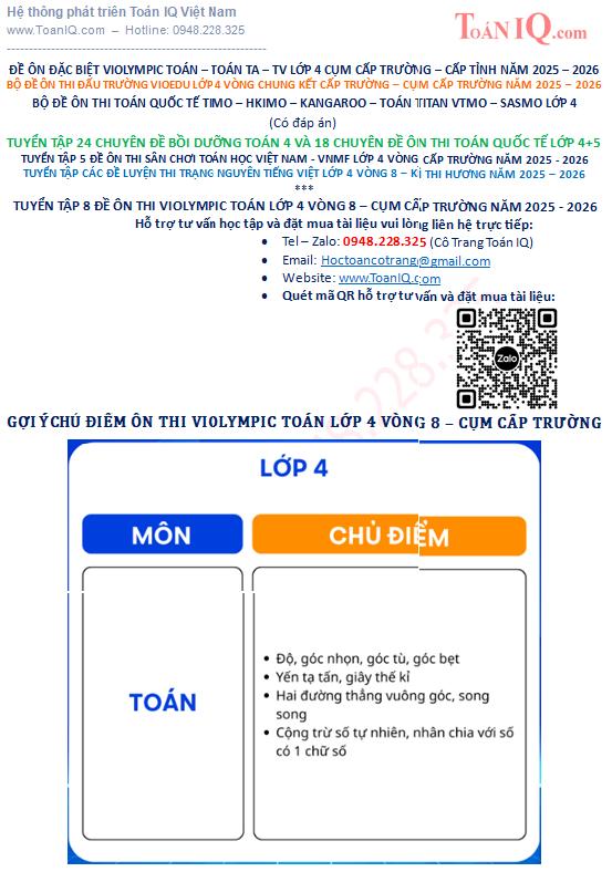 Tuyển tập 8 đề ôn thi Violympic Toán lớp 4 vòng 8 cụm cấp Trường năm 2025 - 2026